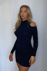 Black Ribbed High Neck Shoulder Cut Out Mini Dress - Carola-Dresses