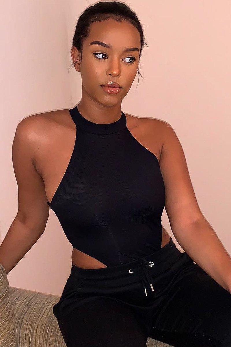 Black Ribbed High Neck Sleeveless Bodysuit - Electra-Bodysuits