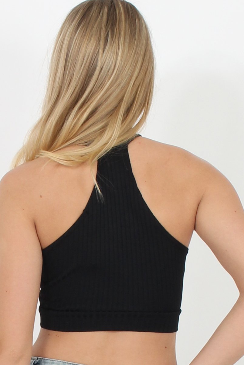 Black Ribbed High Neck Split Front Crop Top - Katla-Crop Tops