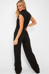Black Ribbed High Neck Wide Leg Belted Jumpsuit - Rayden-Jumpsuits