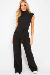 Black Ribbed High Neck Wide Leg Belted Jumpsuit - Rayden-Jumpsuits