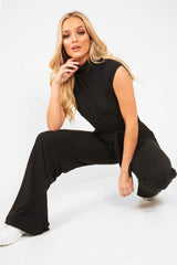Black Ribbed High Neck Wide Leg Belted Jumpsuit - Rayden-Jumpsuits