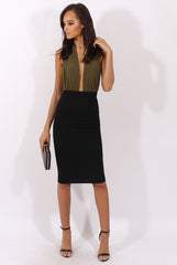 Black Ribbed High Waisted Midi Skirt - Della-Skirts