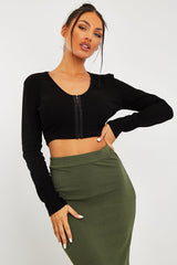 Black Ribbed Hook Fastening Crop Top - Piper-Crop Tops