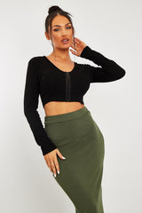 Black Ribbed Hook Fastening Crop Top - Piper-Crop Tops