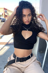 Black Ribbed Keyhole Cut Out High Neck Crop Top - Roniya-Crop Tops