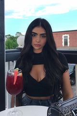 Black Ribbed Keyhole Cut Out High Neck Crop Top - Roniya-Crop Tops