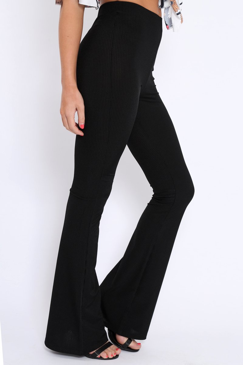 Black Ribbed Kick Flare Trousers - Chlo-Trousers