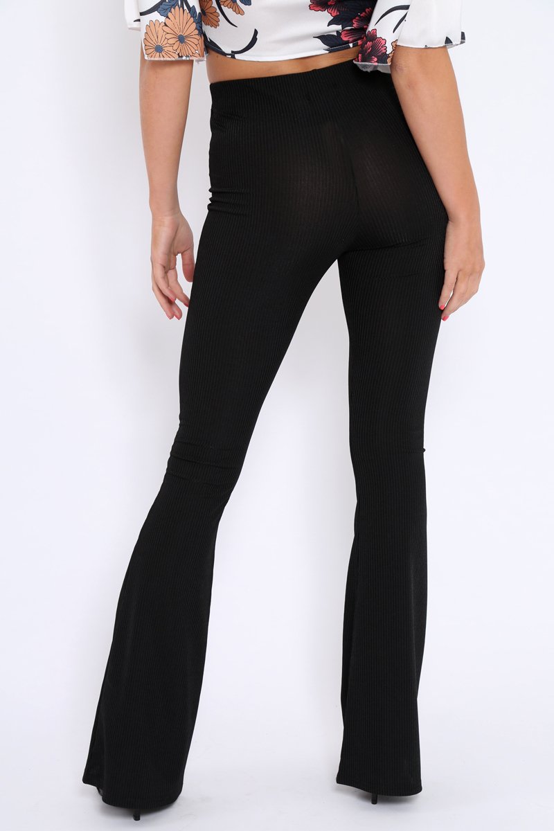 Black Ribbed Kick Flare Trousers - Chlo-Trousers