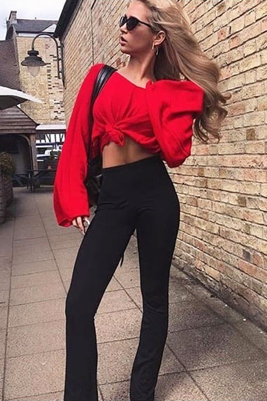 Black Ribbed Kick Flare Trousers - Chlo