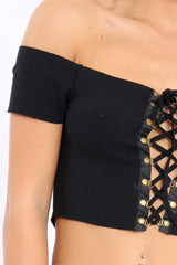 Black Ribbed Lace Up Bardot Crop Top - Arianna-Crop Tops