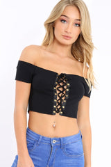Black Ribbed Lace Up Bardot Crop Top - Arianna-Crop Tops