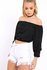 Black Ribbed Lace Up Bardot Crop Top - Sara-Crop Tops