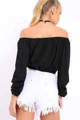 Black Ribbed Lace Up Bardot Crop Top - Sara-Crop Tops