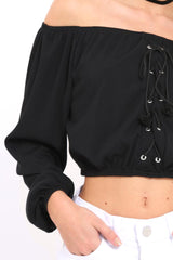 Black Ribbed Lace Up Bardot Crop Top - Sara-Crop Tops