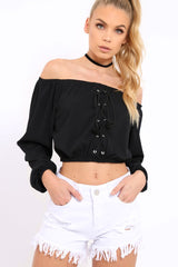 Black Ribbed Lace Up Bardot Crop Top - Sara-Crop Tops