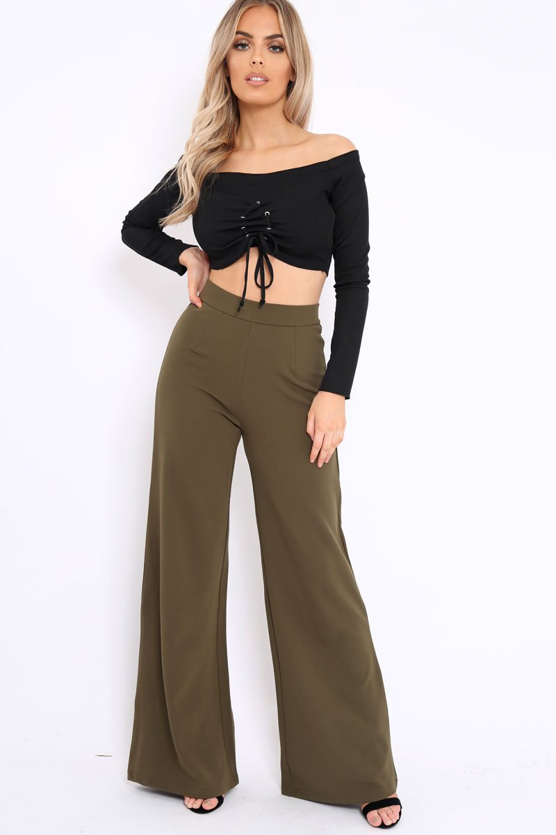 Black Ribbed Lace Up Front Crop Top - Emmy-Crop Tops