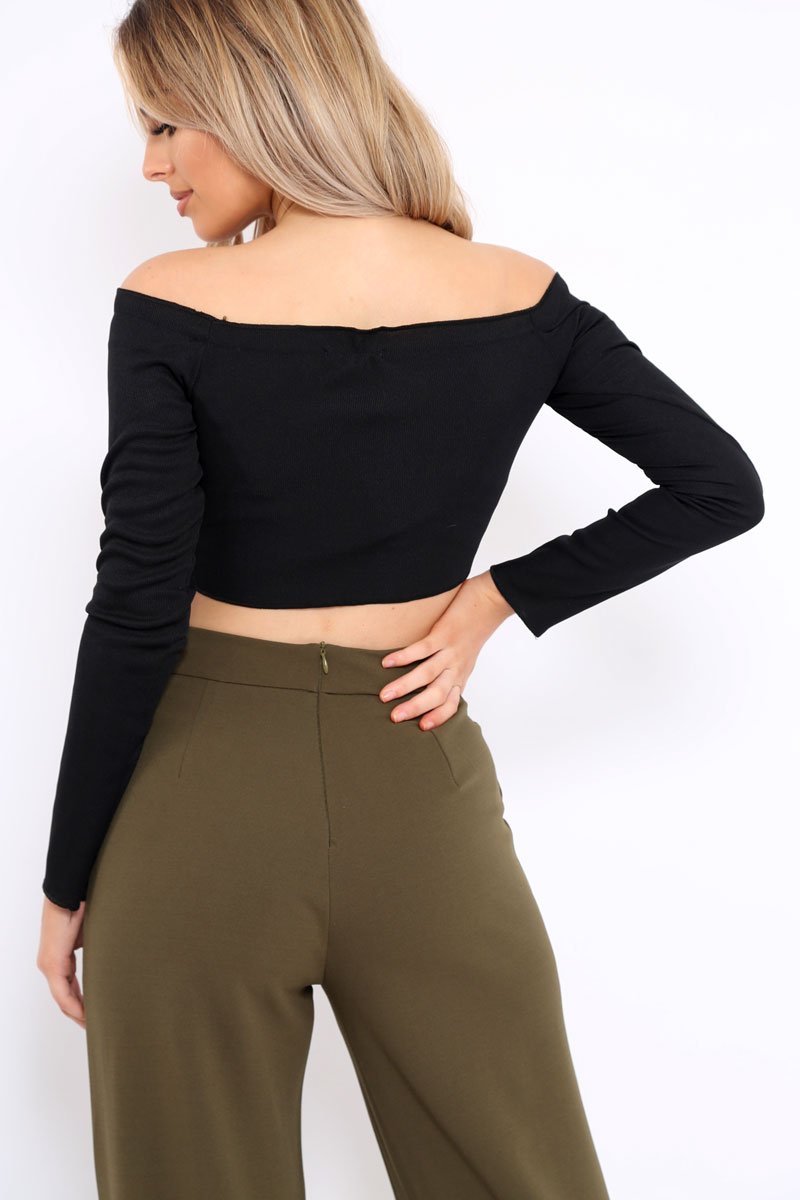 Black Ribbed Lace Up Front Crop Top - Emmy-Crop Tops