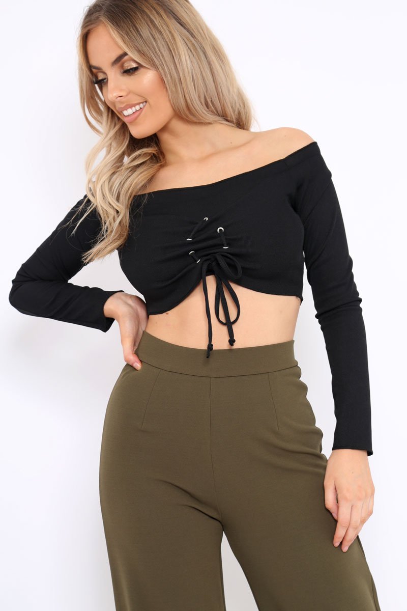 Black Ribbed Lace Up Front Crop Top - Emmy-Crop Tops