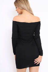 Black Ribbed Lace Up Front Mini Dress - Gracey-Dresses