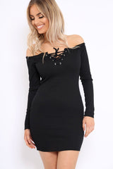 Black Ribbed Lace Up Front Mini Dress - Gracey-Dresses