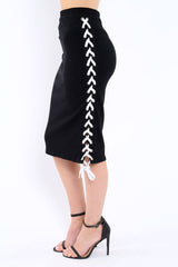 Black Ribbed Lace Up Midi Skirt- London-Skirts