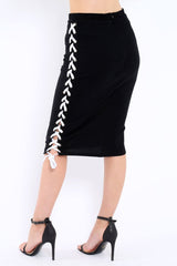 Black Ribbed Lace Up Midi Skirt- London-Skirts