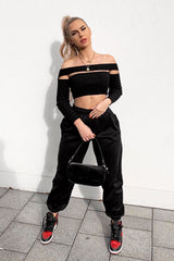 Black Ribbed Long Sleeve Extreme Cut Out Crop Top - Shaina-Crop Tops