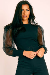 Black Ribbed Mesh Long Sleeve Top - Sonaya-Tops