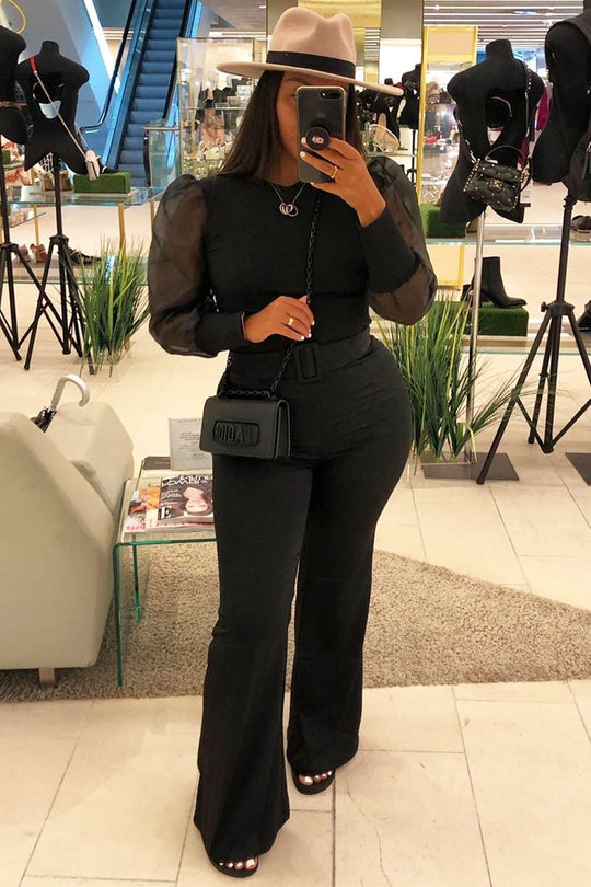 Black Ribbed Mesh Long Sleeve Top - Sonaya