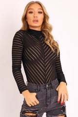 Black Ribbed Mesh Panel Long Sleeve Bodysuit - Amira-Bodysuits