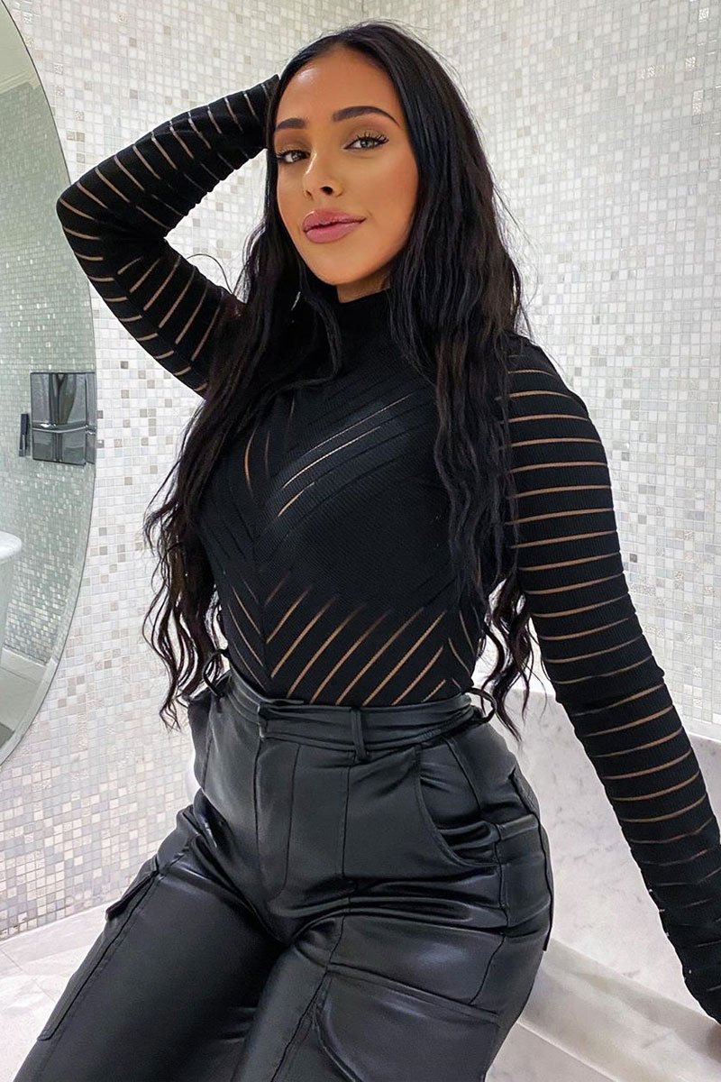 Black Ribbed Mesh Panel Long Sleeve Bodysuit - Amira-Bodysuits