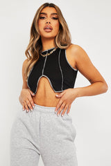 Black Ribbed Notch Contrast Stitch Crop Top - Rinnah-Crop Tops