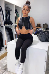 Black Ribbed Notch Contrast Stitch Crop Top - Rinnah-Crop Tops