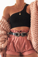 Black Ribbed One Shoulder Crop Top - Danyelle-Crop Tops