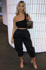 Black Ribbed One Shoulder Crop Top - Danyelle-Crop Tops