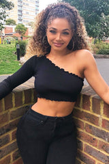 Black Ribbed One Shoulder Lettuce Hem Top - Henlee-Crop Tops