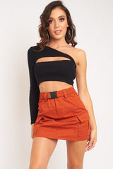 Black Ribbed One Sleeve Cut Out Crop Top - Charae-Crop Tops