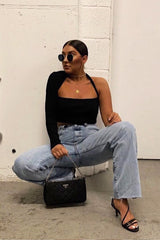 Black Ribbed One Sleeve Cut Out Crop Top - Charae-Crop Tops