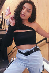 Black Ribbed One Sleeve Cut Out Crop Top - Charae-Crop Tops