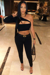 Black Ribbed One Sleeve Cut Out Crop Top - Charae-Crop Tops