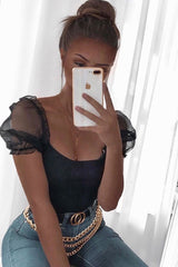 Black Ribbed Organza Puff Sleeve Top - Saleena-Tops