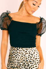 Black Ribbed Organza Puff Sleeve Top - Saleena-Tops
