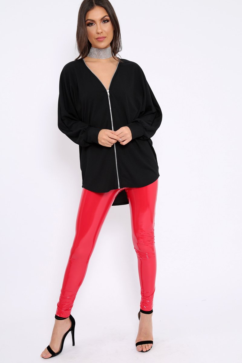 Black Ribbed Oversized Zip Front Top - Rabecca-Tops