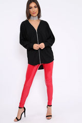 Black Ribbed Oversized Zip Front Top - Rabecca-Tops