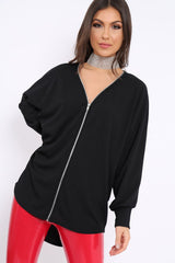 Black Ribbed Oversized Zip Front Top - Rabecca-Tops
