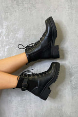 Black Ribbed Panel Lace Up Biker Boots - Delsie-Boots