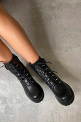 Black Ribbed Panel Lace Up Biker Boots - Delsie-Boots