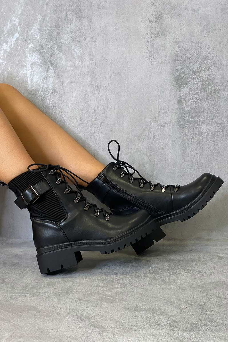 Black Ribbed Panel Lace Up Biker Boots - Delsie-Boots