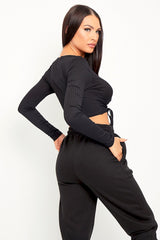 Black Ribbed Plunge Neckline Crop Top - Kaile-Crop Tops